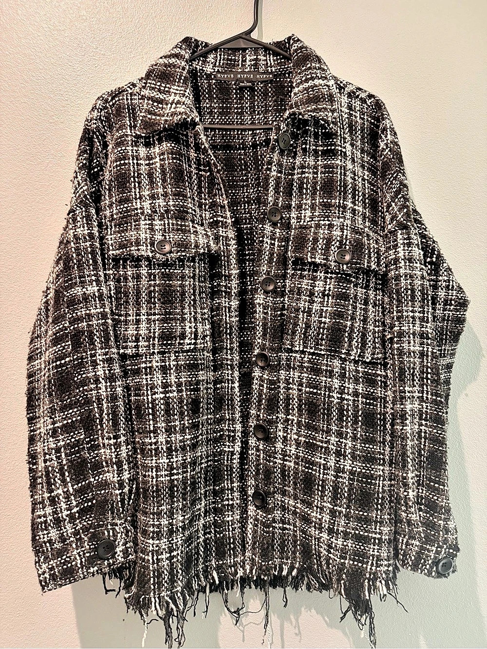 HYFVE Plaid Fringed Jacket in Black & White Large Tweed Pockets Button Fall Boho